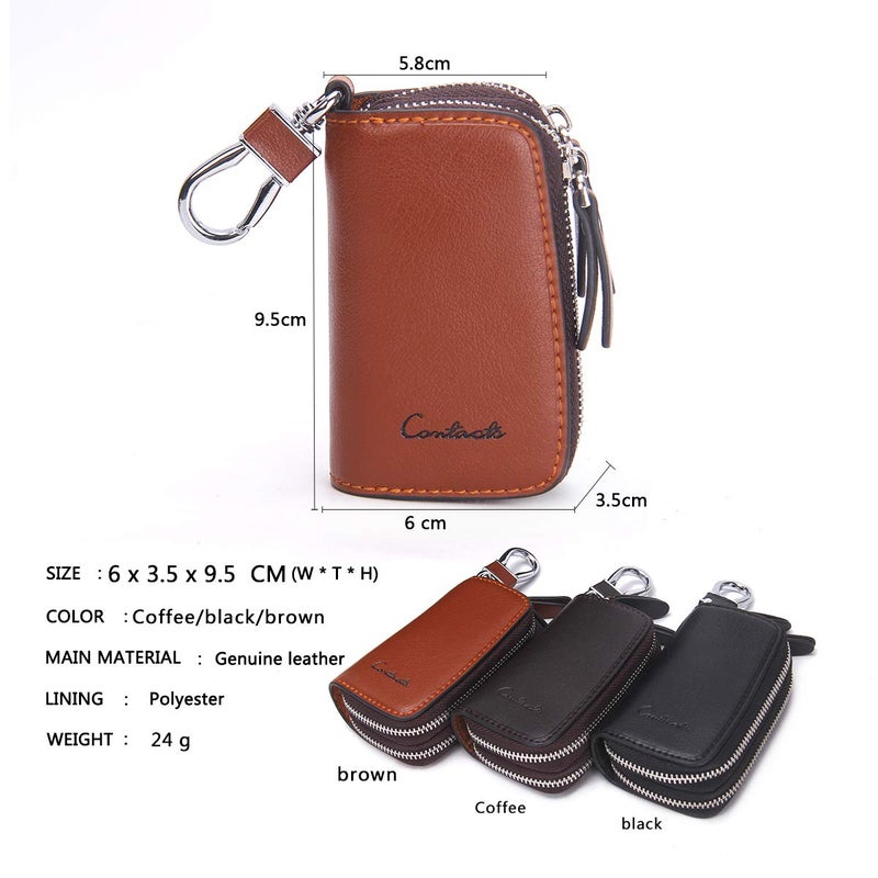 CONTACTS Car Key Case Keychain Holder Leather Metal Hook and Keyring Double Zipper Key Holder - Image 3
