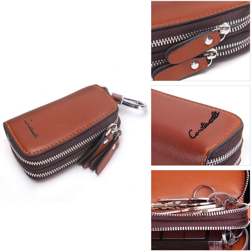 CONTACTS Car Key Case Keychain Holder Leather Metal Hook and Keyring Double Zipper Key Holder - Image 5