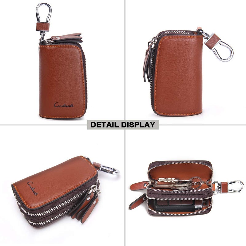 CONTACTS Car Key Case Keychain Holder Leather Metal Hook and Keyring Double Zipper Key Holder - Image 4