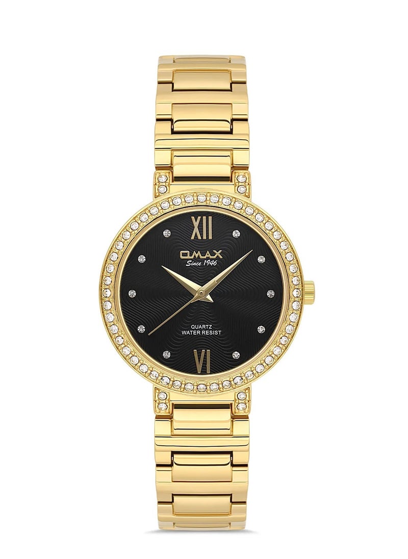OMAX - Omax Women's Gold Luxury Wristwatch, Watches for Women, Stainless Watches, Steel Band, Black Crystal Dial, Waterproof Watch, 1 Year Warranty - Image 1