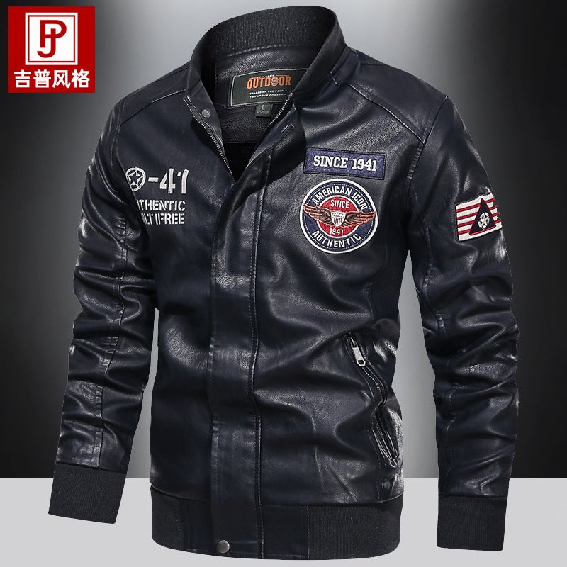 Fleece-Lined Motorcycle Leather Jacket Trendy Youth Baseball Uniform Embroidered Leather Jacket 2021 Leather Coat For Men - Image 2