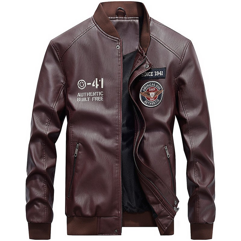 Fleece-Lined Motorcycle Leather Jacket Trendy Youth Baseball Uniform Embroidered Leather Jacket 2021 Leather Coat For Men - Image 1