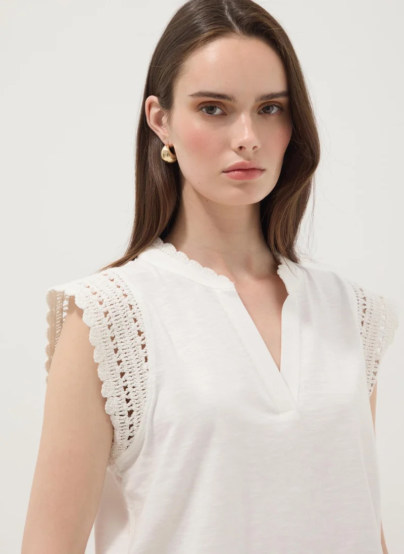 Ovs OVS White Pure Cotton Regular-Fit Top With Crochet Inserts