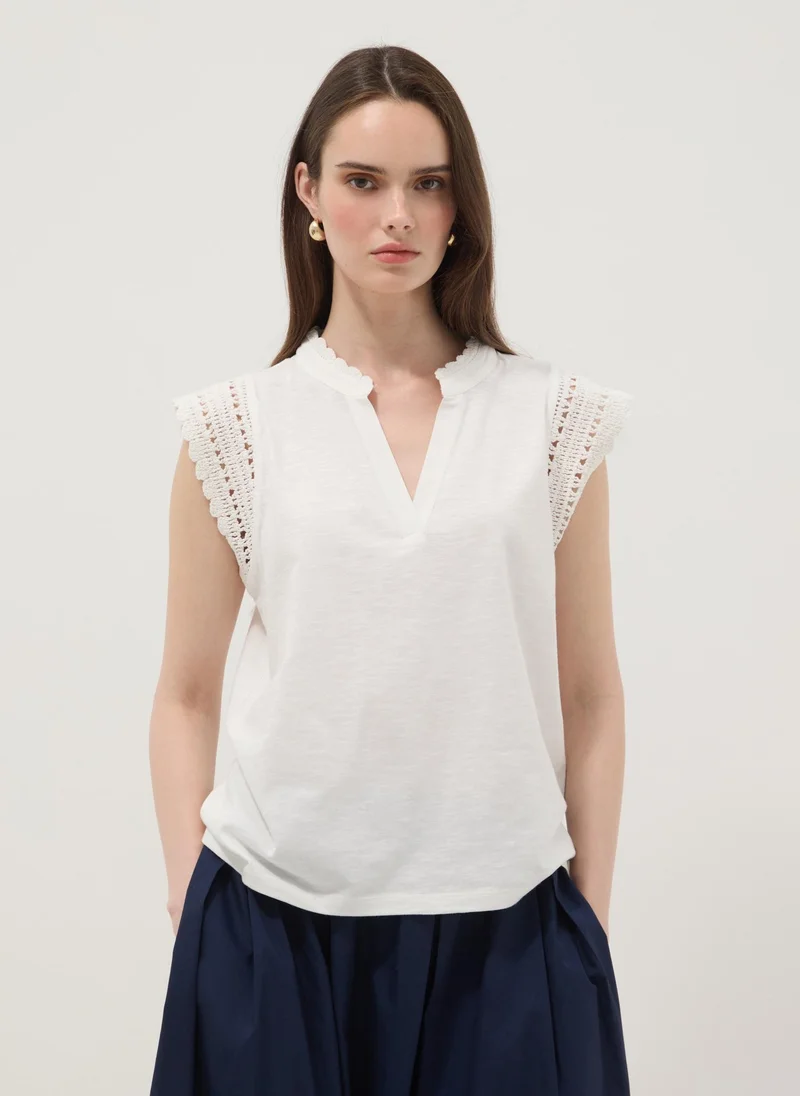 Ovs OVS White Pure Cotton Regular-Fit Top With Crochet Inserts