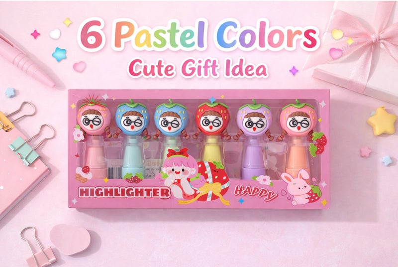 Just Quality Cute Strawberry Highlighter Set – 6 Pastel Colors Aesthetic Marker Pens – School & College Study Supplies – Gift for Girls - Image 1