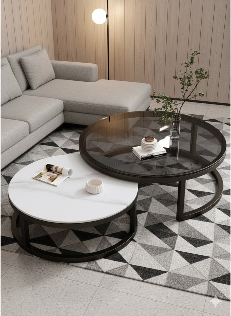 EXPERT Modern Nesting Round Coffee Table Set of 2 Pieces for Living Room Balcony Garden Etc, Round Coffee Table with Solid Metal Frame Black/White - Image 1