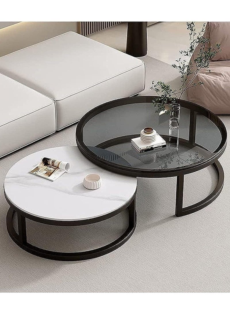 EXPERT Modern Nesting Round Coffee Table Set of 2 Pieces for Living Room Balcony Garden Etc, Round Coffee Table with Solid Metal Frame Black/White - Image 2