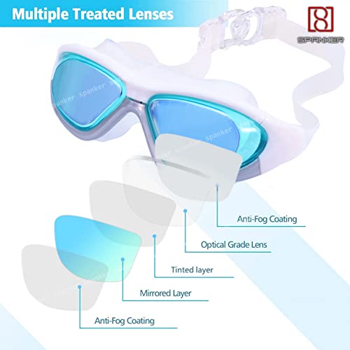 Spanker Wide View Swim Goggles with Ear Plugs,(Mercury Finish) UV Protection No Leaking Anti Fog Lens Swimming Glasses for Adult Women Men and Youth, White - Image 2