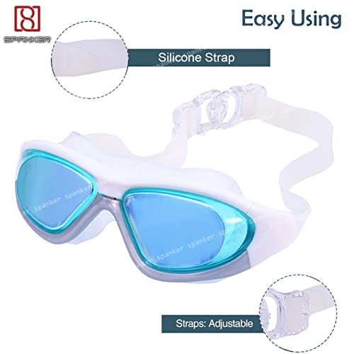 Spanker Wide View Swim Goggles with Ear Plugs,(Mercury Finish) UV Protection No Leaking Anti Fog Lens Swimming Glasses for Adult Women Men and Youth, White - Image 3