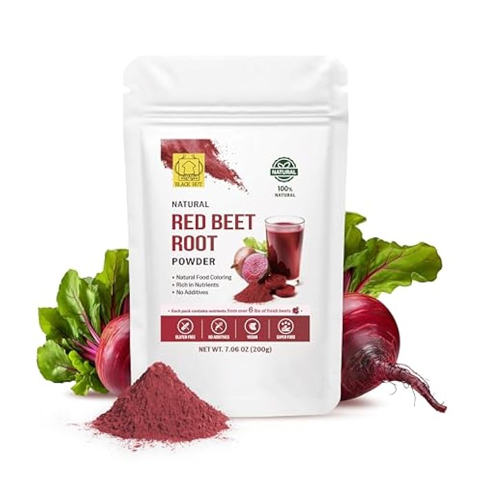 Black Hut Organic Beet Root Powder, 7.06 Oz, High Blood Pressure Supplements, Natural Red Food Coloring for Baking, Juice, Cooking, Raw Ingredient Dye Free Food, Health Nutrients, Non-GMO, Gluten-Free, Vegan Friendly - Image 1