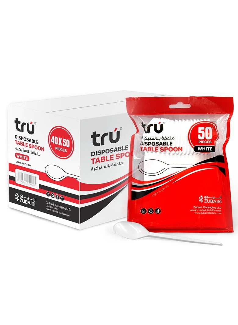 Tru Disposable Plastic Table Spoon White (50pc x 40 pkt ) 2000pc  - Image 1
