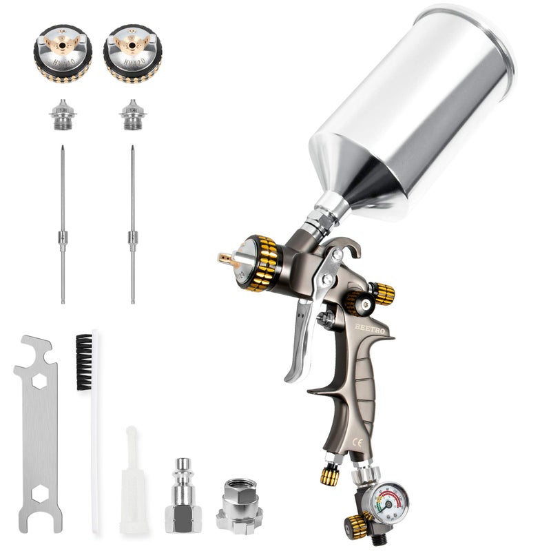 BEETRO HVLP Air Spray Gun 1000ml Capacity 143CFM 2932psi 14mm18mm Nozzles Stainless Steel with Type 2 Adapter Air Control Valve and Filter Professional Gravity Feed Sprayer Automotive