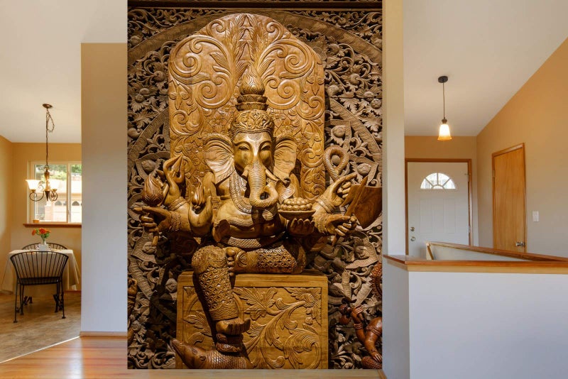 999Store 3D Print Latest Door Living room Bed Room Home Hall wall stickers Sheet roll 3d ganesha wallpapers for walls Golden Ganesha Mural wallpaper for bedroom full wall ( Vinyl Self Adhesive 24X36 Inches ) NonW230959 - Image 1