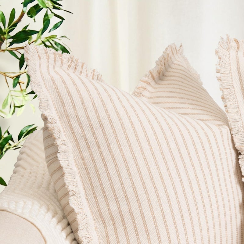 ZWJD Throw Pillow Covers 20x20 Set of 2 Striped Pillow Covers with Fringe Chic Cotton Decorative Pillows Square Cushion Covers for Sofa Couch Bed Living Room Farmhouse Decor, (Khaki) - Image 3