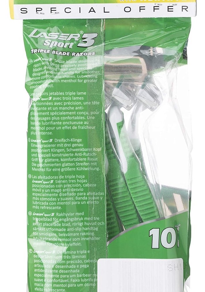 LASER شفرات حلاقة ليزر سبورت 3 ذات قبضة قوية ثلاثية الشفرات القابلة للاستخدام مرة واحدة مع المنثول - 10 قطع - Image 2