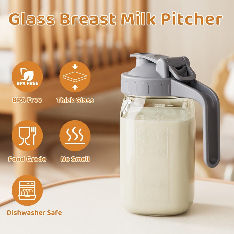 OneDream Breast Milk Pitcher 32oz Glass Pitcher with Lid, Formula Pitcher Leakproof Drip-Free Spout, Wide Mouth Mason Jar Pitcher for Easy Pouring, Dishwasher Safe Breastmilk Storage Pitcher - Image 5