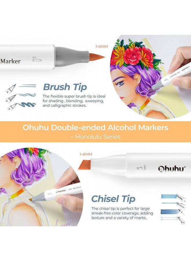 Ohuhu Alcohol Brush Markers 168-color Art Marker Set Double Tipped Alcohol-based Markers for Artist Adults Coloring Illustration- Brush & Chisel -w/ 1 Alcohol Marker Blender- Honolulu - Refillable Ink - Image 2