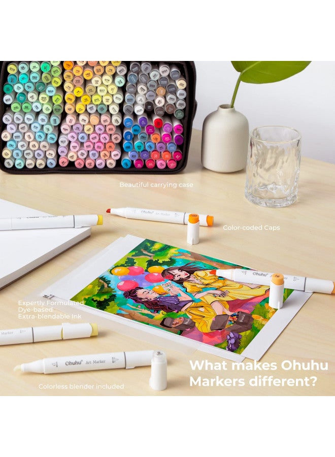 Ohuhu Alcohol Brush Markers 168-color Art Marker Set Double Tipped Alcohol-based Markers for Artist Adults Coloring Illustration- Brush & Chisel -w/ 1 Alcohol Marker Blender- Honolulu - Refillable Ink - Image 3