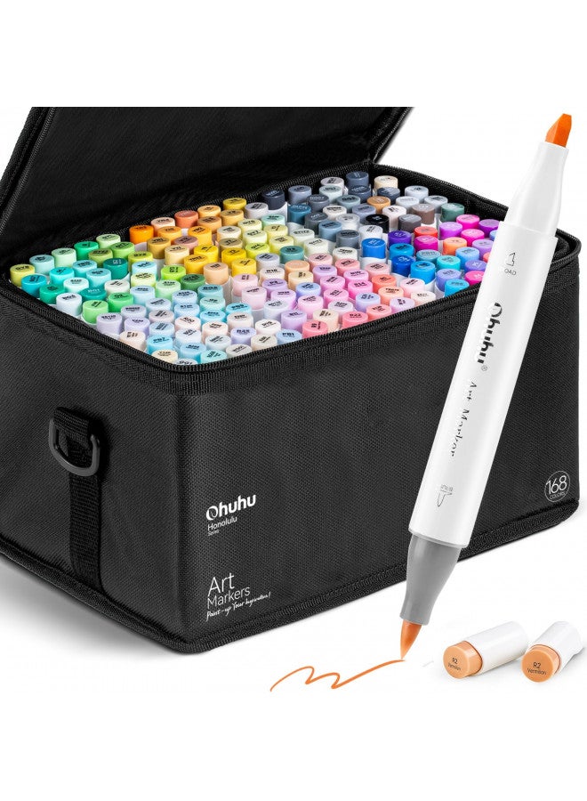 Ohuhu Alcohol Brush Markers 168-color Art Marker Set Double Tipped Alcohol-based Markers for Artist Adults Coloring Illustration- Brush & Chisel -w/ 1 Alcohol Marker Blender- Honolulu - Refillable Ink - Image 1