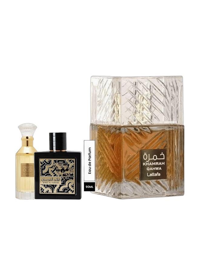 Lattafa KHAMRAH QAHWA EDP 100ML, Qaed Al Fursan EDP 90ml, and Velvet Oud EDP 100ml  - Image 1