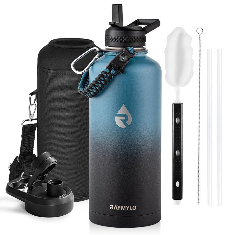 RAYMYLO Insulated Water Bottle 87 oz Triple Wall Vacuum Stainless Steel Cold for 48 Hrs Leak Proof NonBPA Modern Water Flask Jug with Paracord Handle Straw Spout Lids IndigoBlack