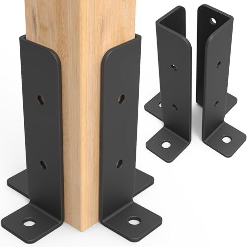 Linone 4 Pcs Adjustable Deck Post Anchor Brackets Kit - Fit 1.5x1.5, 2x2, 2x4, 4x4 Posts - Heavy Duty Half Column Black Support Base for Wood Fence Pergola Railing - Image 1