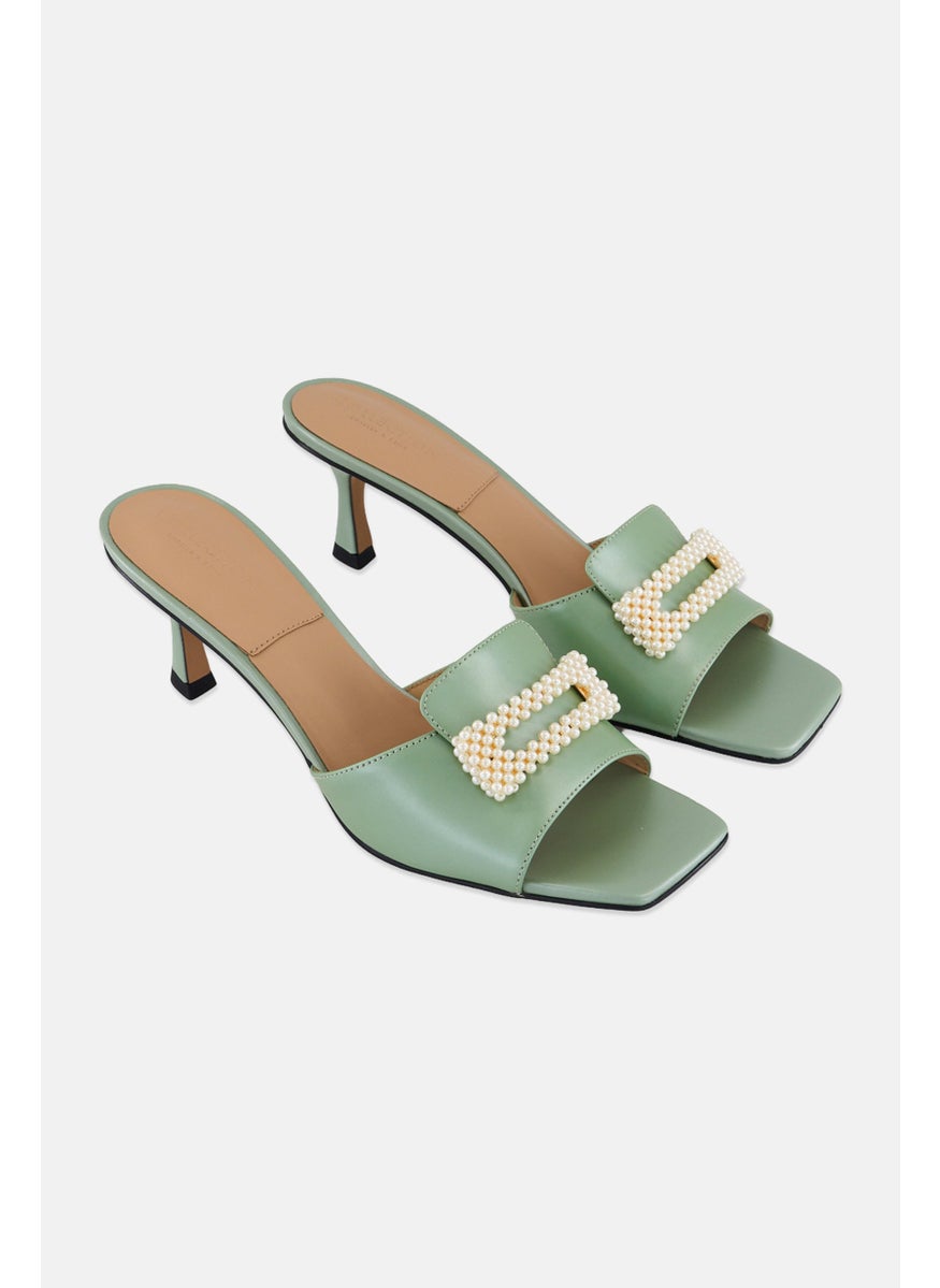 CHARLES & KEITH Women Beaded Leather Slip On Sandals, Green  - Image 1
