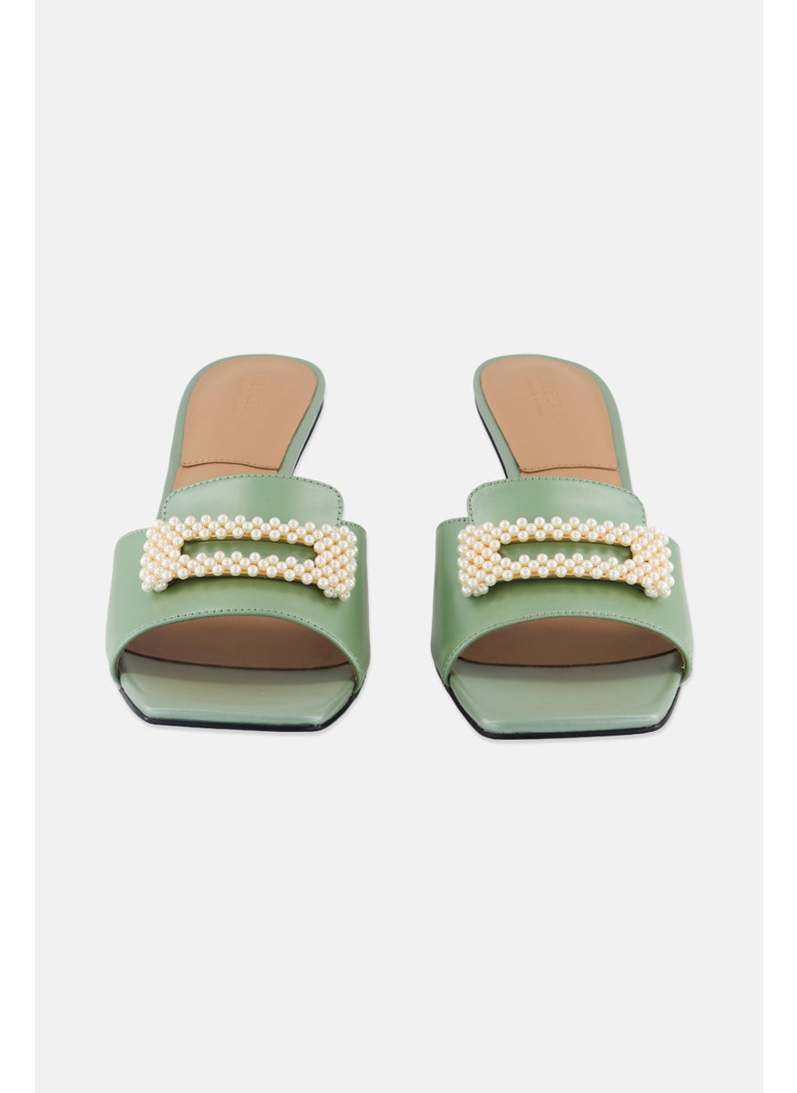 CHARLES & KEITH Women Beaded Leather Slip On Sandals, Green  - Image 3