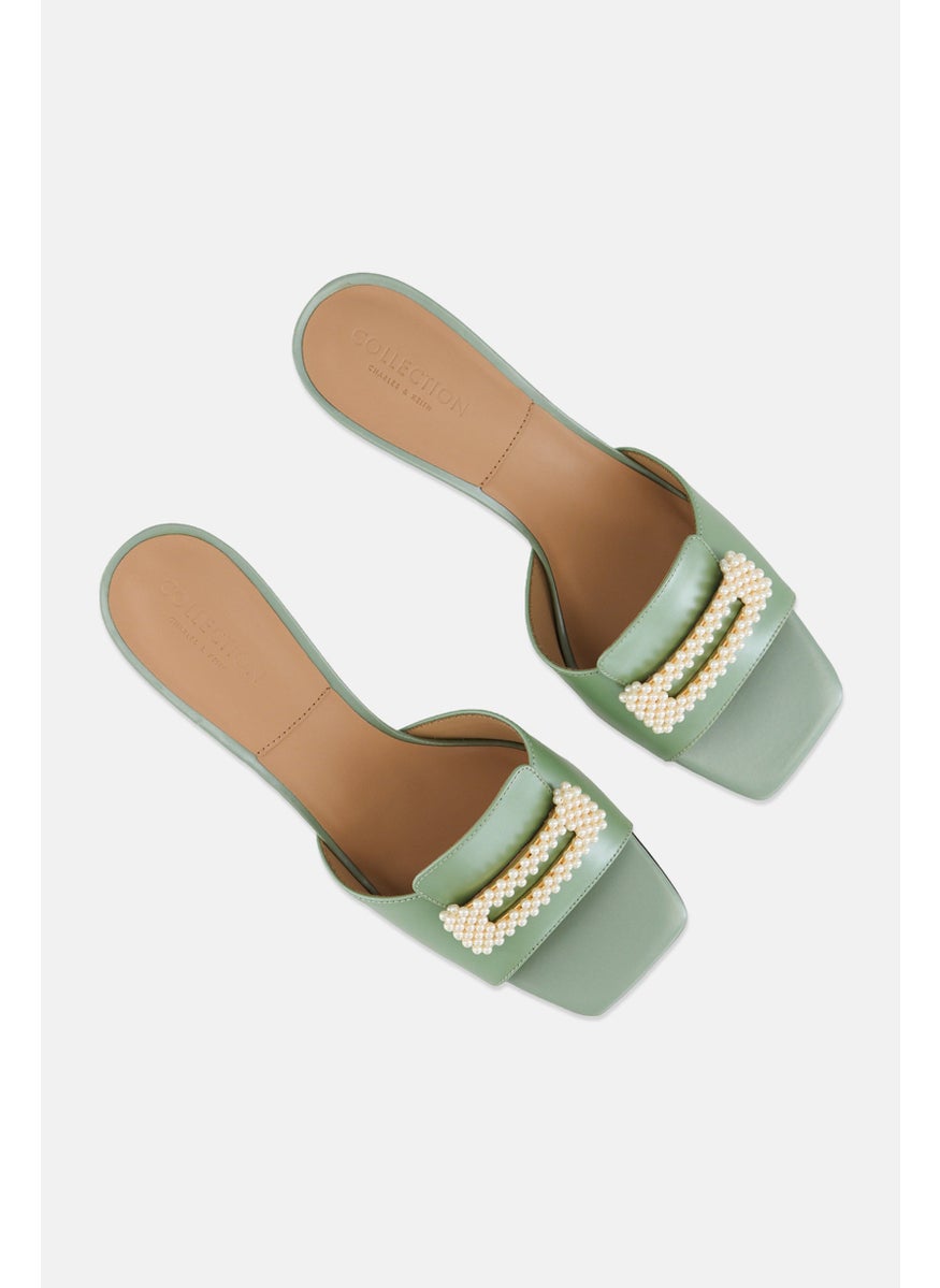 CHARLES & KEITH Women Beaded Leather Slip On Sandals, Green  - Image 4