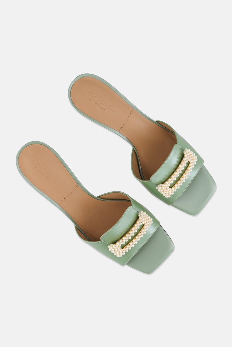 CHARLES & KEITH Women Beaded Leather Slip On Sandals, Green  - Image 4