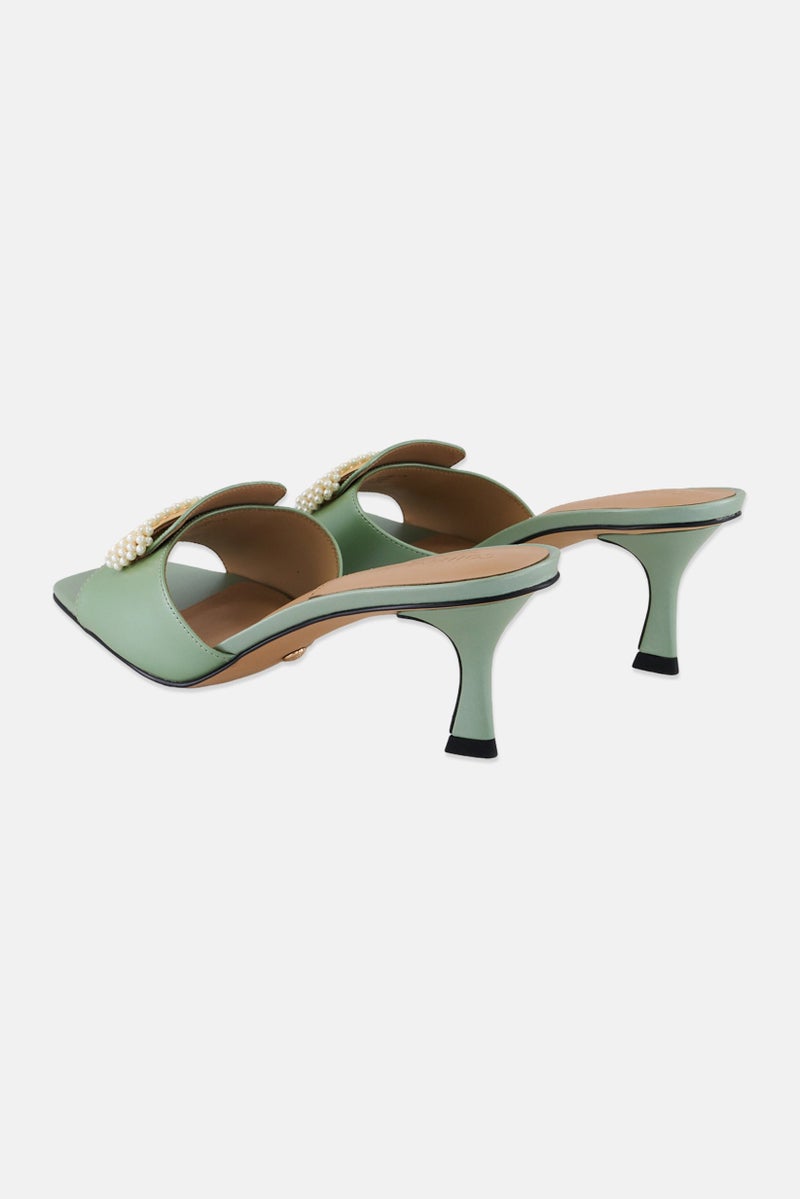 CHARLES & KEITH Women Beaded Leather Slip On Sandals, Green  - Image 2