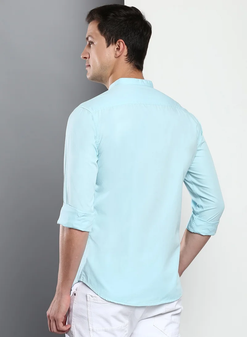 Dennis Lingo Slim Fit Light Blue Men's Solid Shirt, Spread Collar, Full Sleeves, 100% Cotton,