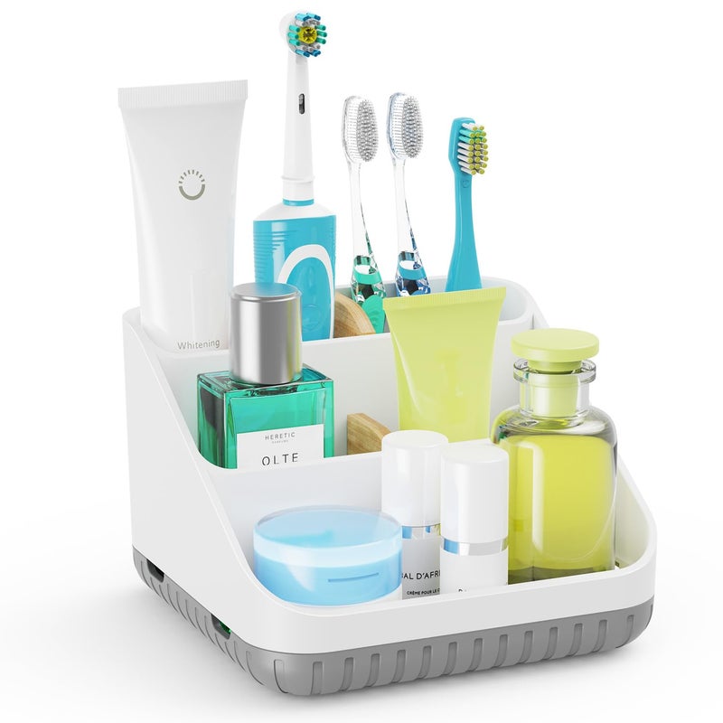 Chintu Bathroom Toothbrush Holders for Countertop - Electric Toothbrush Organizer 6 Slots Tooth Brush Organization for Kids Family, Toothpaste Holder for Bathroom Vanity Organizer Storage White - Image 1