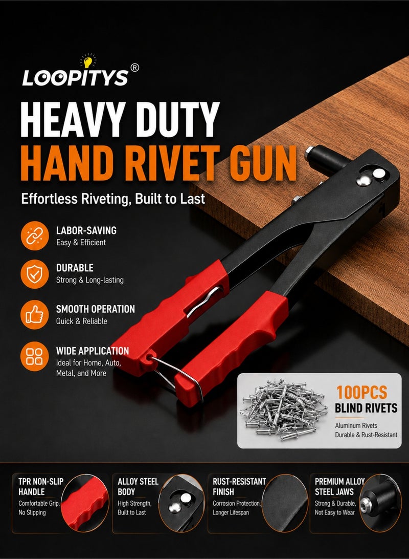 LOOPITYS Heavy Duty Hand Rivet Gun Set with 100Pcs Blind Rivets, Alloy Steel Body Labor‑Saving Hand Riveter, TPR Non‑Slip Ergonomic Handle, One‑Hand Operation Riveting Tool Kit for Automotive Repair, Metal Fabrication, Wood Work, Home Improvement, DIY Projects & General Workshop Use - Image 2