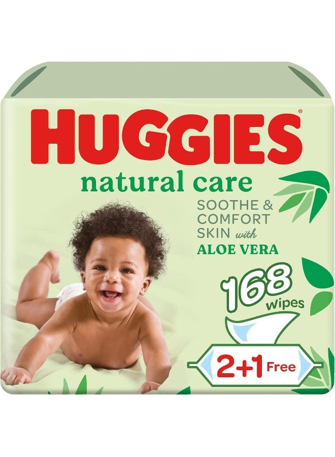 HUGGIES مناديل هاجيز الطبيعية للأطفال، مناديل الألوة فيرا، عبوة 3 × 56 مناديل (168 مناديل) - Image 1