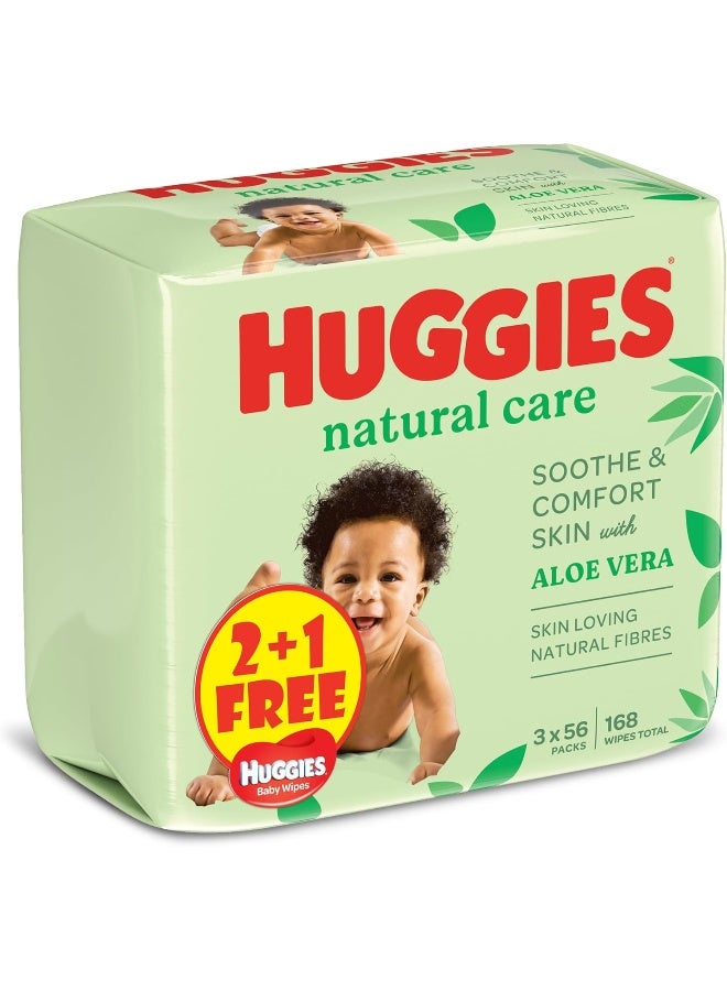 HUGGIES مناديل هاجيز الطبيعية للأطفال، مناديل الألوة فيرا، عبوة 3 × 56 مناديل (168 مناديل) - Image 2