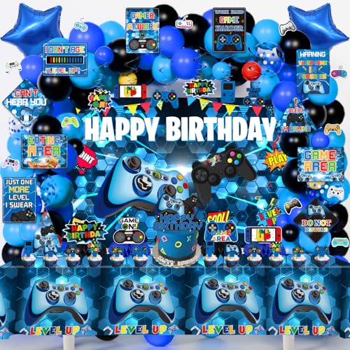 KimaruLZ Video Game Birthday Party Decorations 179Pcs Gamer Gaming Birthday Party Supplies Decor with Backdrop Sticker Balloons Cake Toppers Tablecloth Centerpieces Hanging Swirls Wall Signs - Image 1
