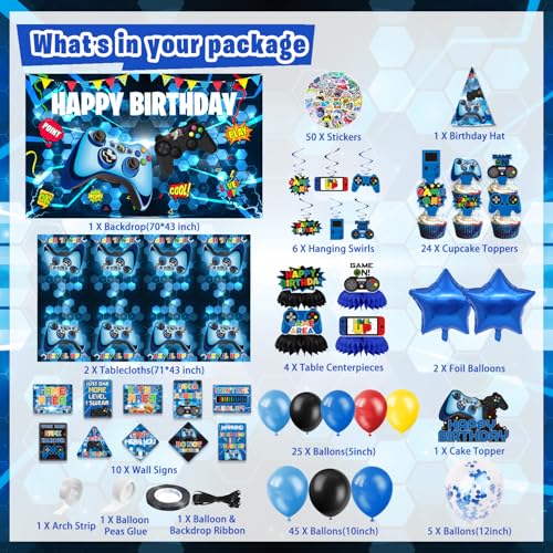 KimaruLZ Video Game Birthday Party Decorations 179Pcs Gamer Gaming Birthday Party Supplies Decor with Backdrop Sticker Balloons Cake Toppers Tablecloth Centerpieces Hanging Swirls Wall Signs - Image 5