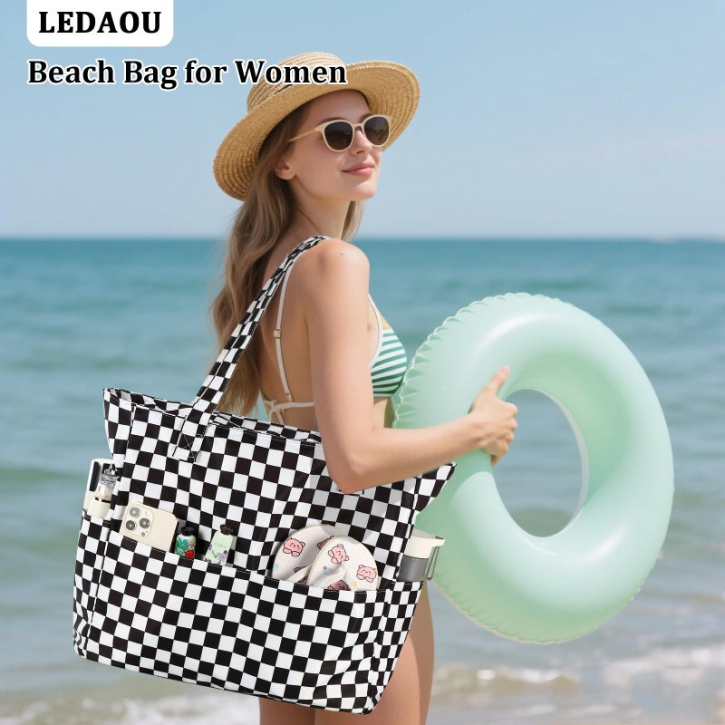 LEDAOU Large Beach Bag Women Waterproof Sandproof Zipper Beach Tote Pool Bag for Gym Grocery Travel with Wet Pocket - Image 4