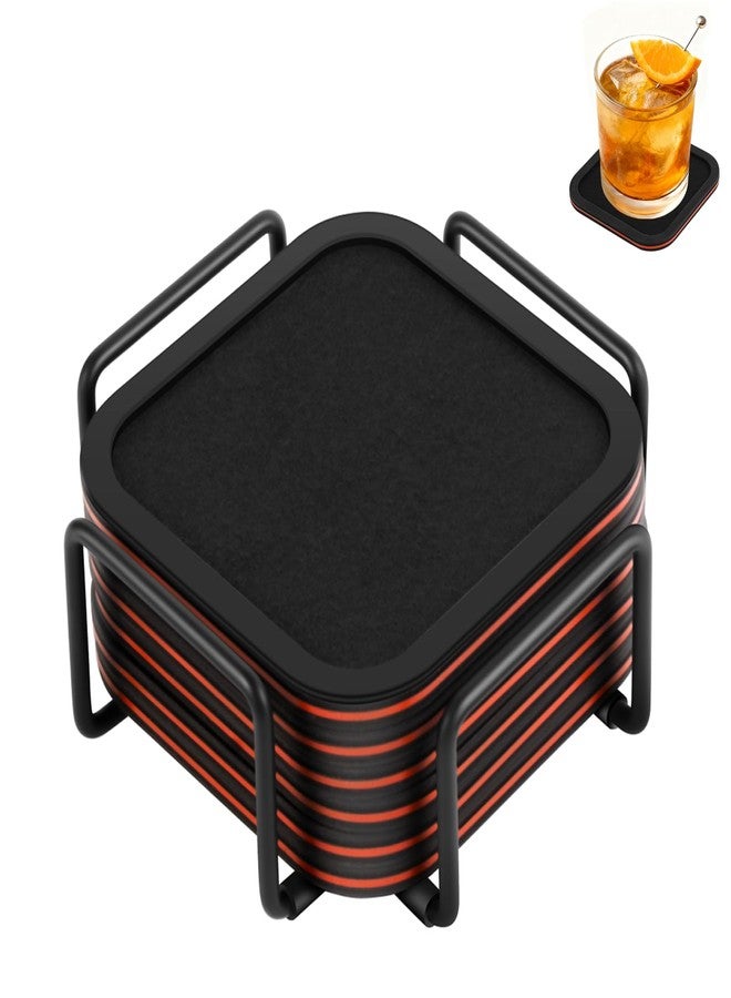Lexenic Sleek Absorbent Coasters for Drinks with Holder, Silicone Cup Mat with Removable Felt Insert, Non-Slip, Non-Stick, Lovely Gift for Coffee Table Kitchen Decor, 6PCS (Black Red) - Image 1