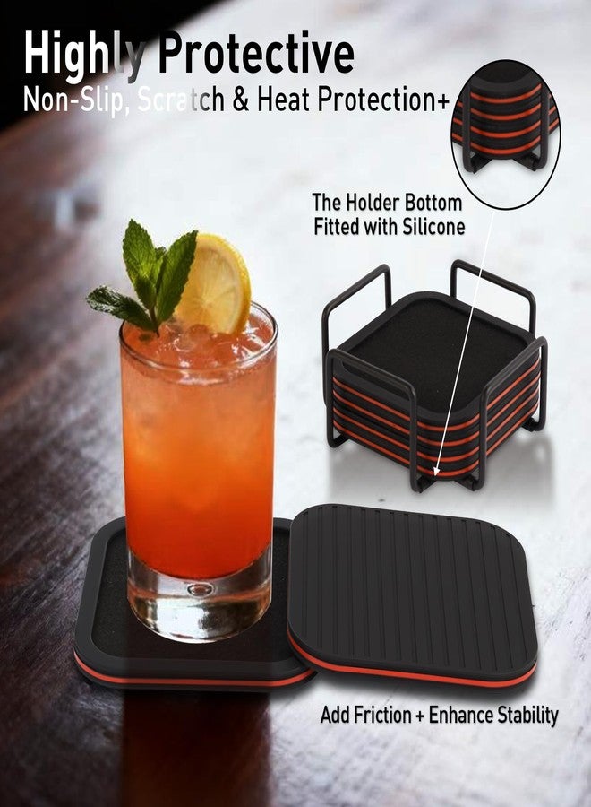 Lexenic Sleek Absorbent Coasters for Drinks with Holder, Silicone Cup Mat with Removable Felt Insert, Non-Slip, Non-Stick, Lovely Gift for Coffee Table Kitchen Decor, 6PCS (Black Red) - Image 4