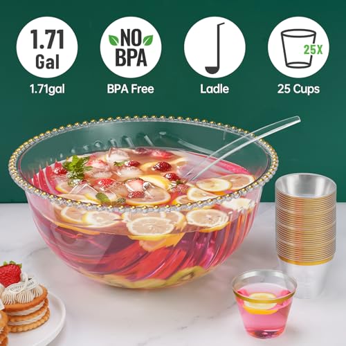 NiHome Large Plastic Punch Bowl with Ladle and 25 GoldRimmed Cups for Wedding Birthday BBQ Baby Shower Holiday 17 Gallon Reusable Clear Party Bowl Set for Drinks Salads Snacks More - Image 3