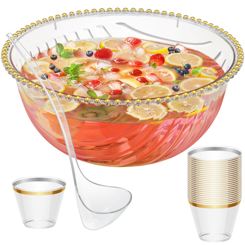 NiHome Large Plastic Punch Bowl with Ladle and 25 GoldRimmed Cups for Wedding Birthday BBQ Baby Shower Holiday 17 Gallon Reusable Clear Party Bowl Set for Drinks Salads Snacks More - Image 2