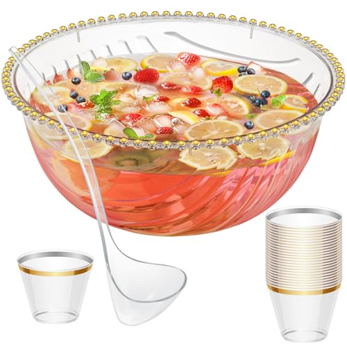 NiHome Large Plastic Punch Bowl with Ladle and 25 GoldRimmed Cups for Wedding Birthday BBQ Baby Shower Holiday 17 Gallon Reusable Clear Party Bowl Set for Drinks Salads Snacks More - Image 1
