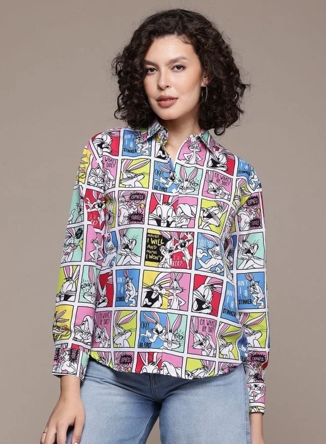 مرفوعة Women Regular Fit Character Shirt Collar Long Sleeve Shirt