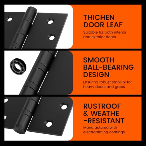 Haidms 304 Stainless Steel Matte Black 4'' Door Hinges for Exterior Doors Ball Bearing Door Hinges 4in x 4in with Square Corners, Heavy-Duty, 3PACK - Image 5
