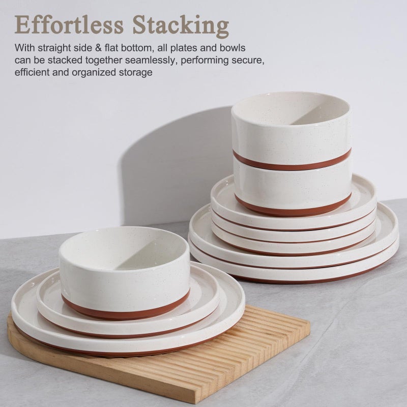 LIANYU Plates and Bowls Sets, 12 Pieces Stoneware Dinnerware Set for 4, Modern Kitchen Dinner Set Ceramic Dishware Dishes Set, Microwave and Dishwasher Safe, Cloud White - Image 5
