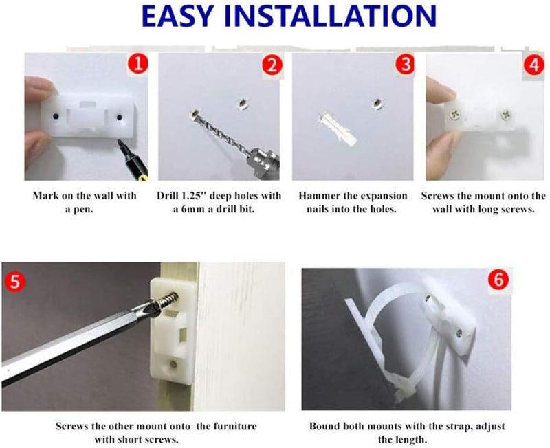 HUAHA 6 pack Anti Tip Furniture Wall Anchors Kit Furniture Straps for Baby Proofing Safety Child Safety Straps Earthquake Resistant for Dresser Cabinet BookshelfBearing 150Ib Adjustable Nylon Straps - Image 3