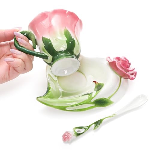 Cididu Pink Tea Cups with Saucer and Spoon, 4.5 Oz Small Ceramic Rose Flower Tea Cup Set for Women Girls, Hand Crafted Vintage Coffee Latte Mug, Fancy Teaware for Mother's Day, Birthday Gift, Wedding - Image 4