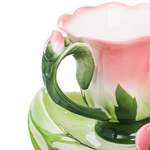 Cididu Pink Tea Cups with Saucer and Spoon, 4.5 Oz Small Ceramic Rose Flower Tea Cup Set for Women Girls, Hand Crafted Vintage Coffee Latte Mug, Fancy Teaware for Mother's Day, Birthday Gift, Wedding - Image 5